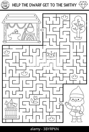 Black and white fairytale maze for kids with medieval village landscape ...