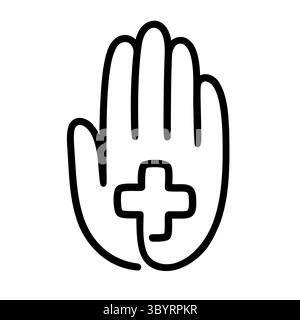 Human hand with medical cross outline, hand drawn doodle style logo. Health charity, volunteering design element. Single line vector illustration. Stock Vector