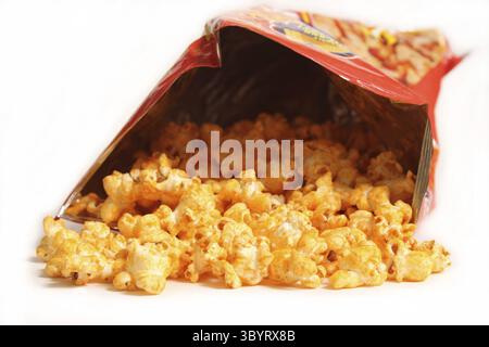 Open Bag of Seasoned Popcorn Isolated on White Background Stock Photo