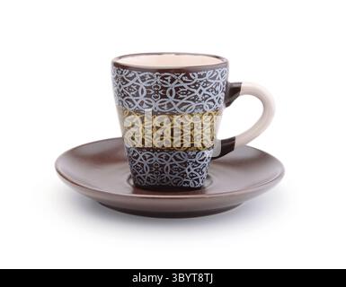 Empty ceramic mug and saucer isolated on white. Stock Photo