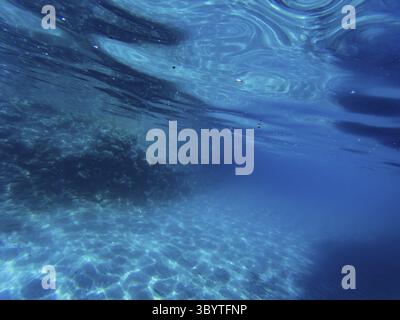 Blue colored clear underwater surface texture with ripples splashes and bubbles Stock Photo