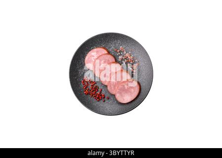 Sliced ham, meat, pork or turkey sausage for sandwiches. Ham slices, food, background for your design Stock Photo