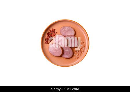 Sliced ham, meat, pork or turkey sausage for sandwiches. Ham slices, food, background for your design Stock Photo