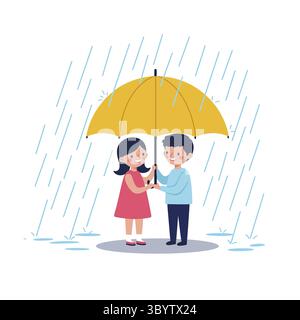 Sharing Umbrella In The Rain Stock Vector