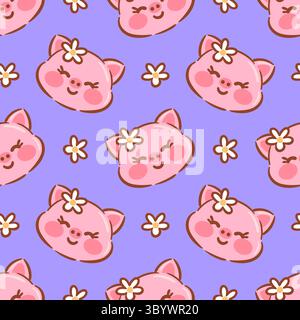 A delightful seamless kawaii pattern featuring cute piglets, surrounded by playful elements like flowers, perfect for cheerful and whimsical designs Stock Vector