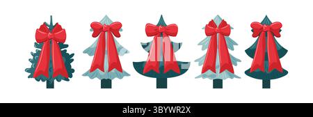 Five beautifully crafted Christmas trees, each adorned with vibrant red bows, perfect for holiday themes Stock Vector