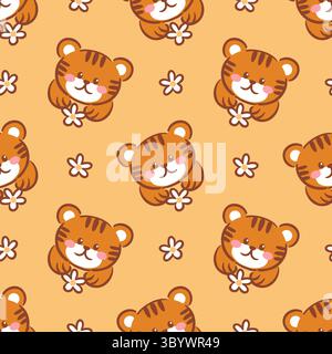 A seamless pattern featuring adorable kawaii tiger cubs. The vibrant colors and charming designs make this illustration perfect for fabric, wallpapers Stock Vector