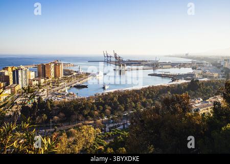 View over Malaga at sunset travel banner Stock Photo