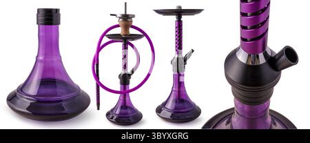 Close up of a Isolated modern purple hookah on white background. Diferent parts of a water pipe Stock Photo