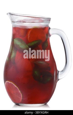 Strawberry basil lemonade in a glass pitcher, isolated Stock Photo