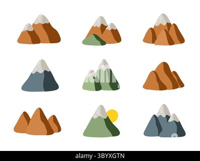 Set of 9 colorful mountain illustrations. Modern flat vector design with natural shapes and snow peaks. Perfect for eco branding, travel prints Stock Vector
