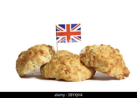 Garlic and Cheddar Scones With British Flag Isolated on White Background Stock Photo