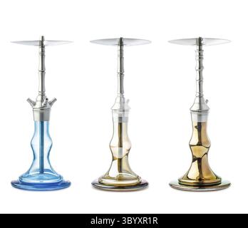 A group of modern, minimalist shisha or hookah, with crystal glass bowl and stainless steel neck isolated on perfectly white background Stock Photo