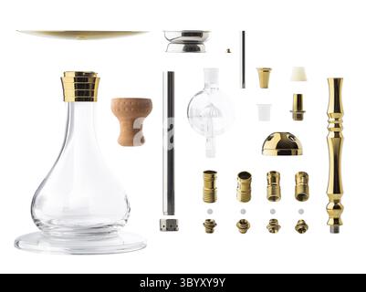 Separated and isolated stainless steel and glass components of a modern gold hookah on white background Stock Photo