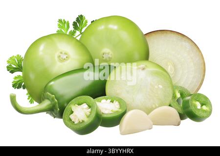Ingredients for Salsa Verde sauce: tomatillos, onion, Jalapeno peppers and garlic, cilantro Stock Photo