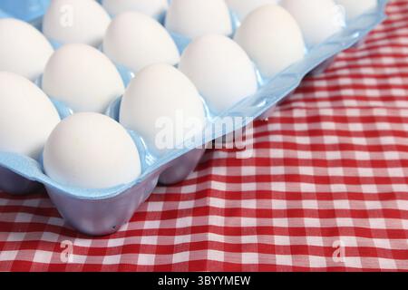 Carton of Eggs on Rustic Table With Red Checkered Table Cloth Stock Photo