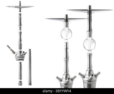 Glossy metal parts of a stainless steel Aeon hookah, unmounted and isolated on white background. Levitated product photo of a minimalist shisha Stock Photo