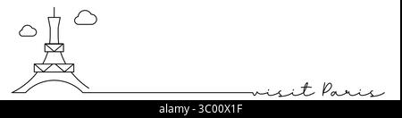 Paris, Eiffel Tower, France one line icon with caption. Continuous line drawing style. Footer, header. Vector illustration isolated on white backgroun Stock Vector