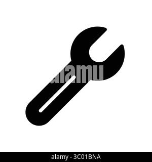 Simple black wrench icon depicting a hand tool ideal for repair and maintenance tasks. Suitable for industrial and DIY projects in flat design style. Stock Vector