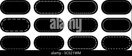 Set of black oval rectangular shapes with dashed lines. Dotted geometric figures isolated on white background. Cut here pictograms for sale coupons or price tags. Vector graphic illustration. Stock Vector