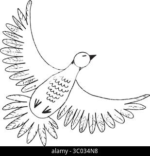 A minimalist illustration of a bird soaring gracefully with intricate feather designs that stand out. Hand drawn vector illustration in black and white graphics. Stock Vector