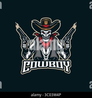 Cowboy mascot logo design vector with modern illustration concept style for badge, emblem and t shirt printing. Cowboy illustration with guns in hand. Stock Vector