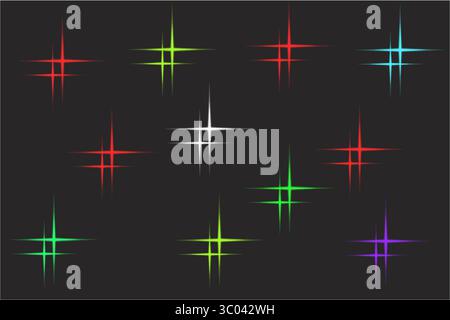 Three abstract starbursts of light, one white, one gold, and one red, are displayed against a dark gray background. Stock Vector