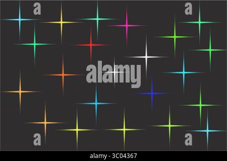 Three abstract starbursts of light, one white, one gold, and one red, are displayed against a dark gray background. Stock Vector