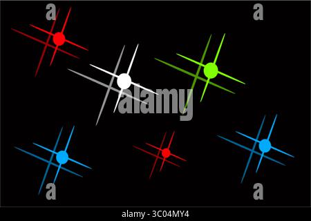 Three abstract starbursts of light, one white, one gold, and one red, are displayed against a dark gray background. Stock Vector