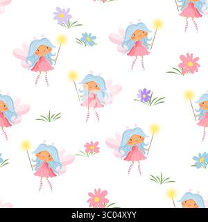 Seamless pattern with cute fairies, magic wands and colorful flowers Stock Vector