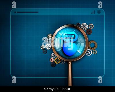 AI chatbot website, (SEO) search engine optimization tools, online technology concept. Smart robot icon, focused in magnifying glass lens with gears a Stock Photo