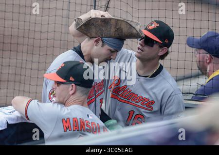 Baltimore Orioles' Coby Mayo, left, celebrates with Blaze Alexander ...