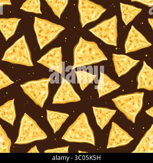 Vector Nachos Seamless Pattern, repeating background with flying cartoon homemade nacho for wrapping paper or bed linen, square placard with group of Stock Vector