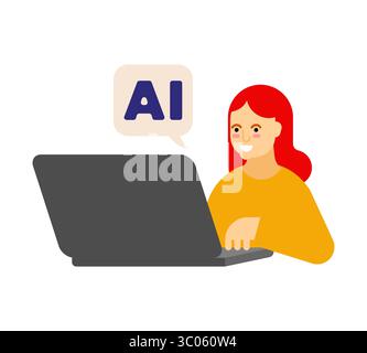 Woman using a laptop with an "AI" symbol above, representing artificial intelligence, technology use, or digital interaction. Stock Vector
