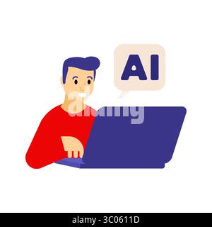 man uses his laptop with an AI icon nearby, symbolizing artificial intelligence in productivity or tech-assisted work. Stock Vector