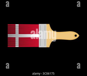 paintbrush painted with the Danish flag — red with a white cross — on a black background. Symbol of Danish culture and minimalistic design. Stock Vector