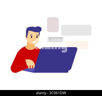 man types on a laptop with chat bubbles floating nearby. Concept of messaging, online support, or communication in digital workspace. Stock Vector