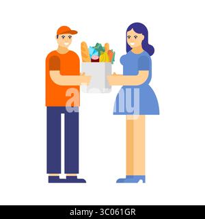 Delivery man handing grocery box to a woman. Concept of home food delivery and online shopping service. Stock Vector