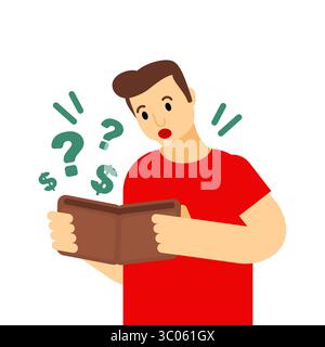 surprised man in a red shirt looks into his empty wallet. Dollar signs and question marks fly out, symbolizing financial confusion, lack of money, or Stock Vector