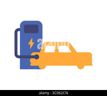 electric car connected to a charging station. Concept of sustainable transport, green energy, and eco mobility. Stock Vector
