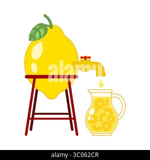lemon with a tap pouring fresh lemonade into a jug. A fun and vibrant concept symbolizing freshness, summer drinks, or organic beverages. Stock Vector