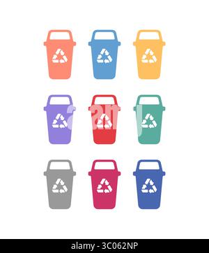 Set of 9 recycling bin icons for waste sorting: plastic, glass, metal, organic, paper, and others. Minimalistic flat vector design for eco and environ Stock Vector