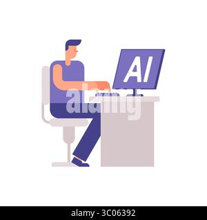 man sitting at a desk with a desktop monitor labeled AI. Symbol of artificial intelligence in everyday digital work. Stock Vector