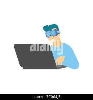 Man wearing virtual reality goggles or futuristic mask, working on a laptop. Concept of online gaming or hacking. Stock Vector