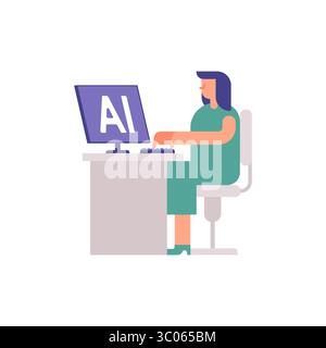 woman works at a desk with a computer showing AI text, symbolizing artificial intelligence in work or education. Stock Vector