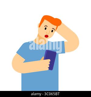 Man looking at his phone with a shocked face. Concept of unexpected news, financial alert, or surprising messages. Stock Vector