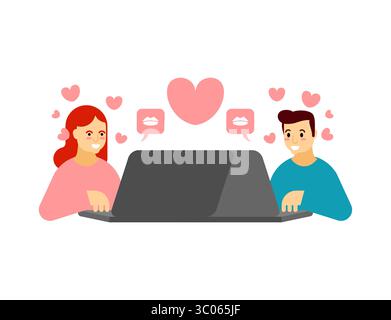 Loving couple sitting with laptops, sharing affection through screens. Concept of digital love, remote relationships, and modern communication. Stock Vector