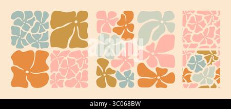 Wavy abstract naive hippie 70s flowers. Set of colored daisies drawn in boho color and two seamless patterns painted in groovy retro style. Stock Vector