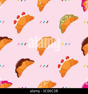 Seamless pattern of variety flavour croissant. plain, almond, almond matcha, strawberry, chocolate. vector illustration Stock Vector