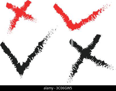 Check and Cross Marks: A collection of bold, handcrafted check marks and crosses in red and black, suggesting choices, decisions, and the essence of c Stock Vector